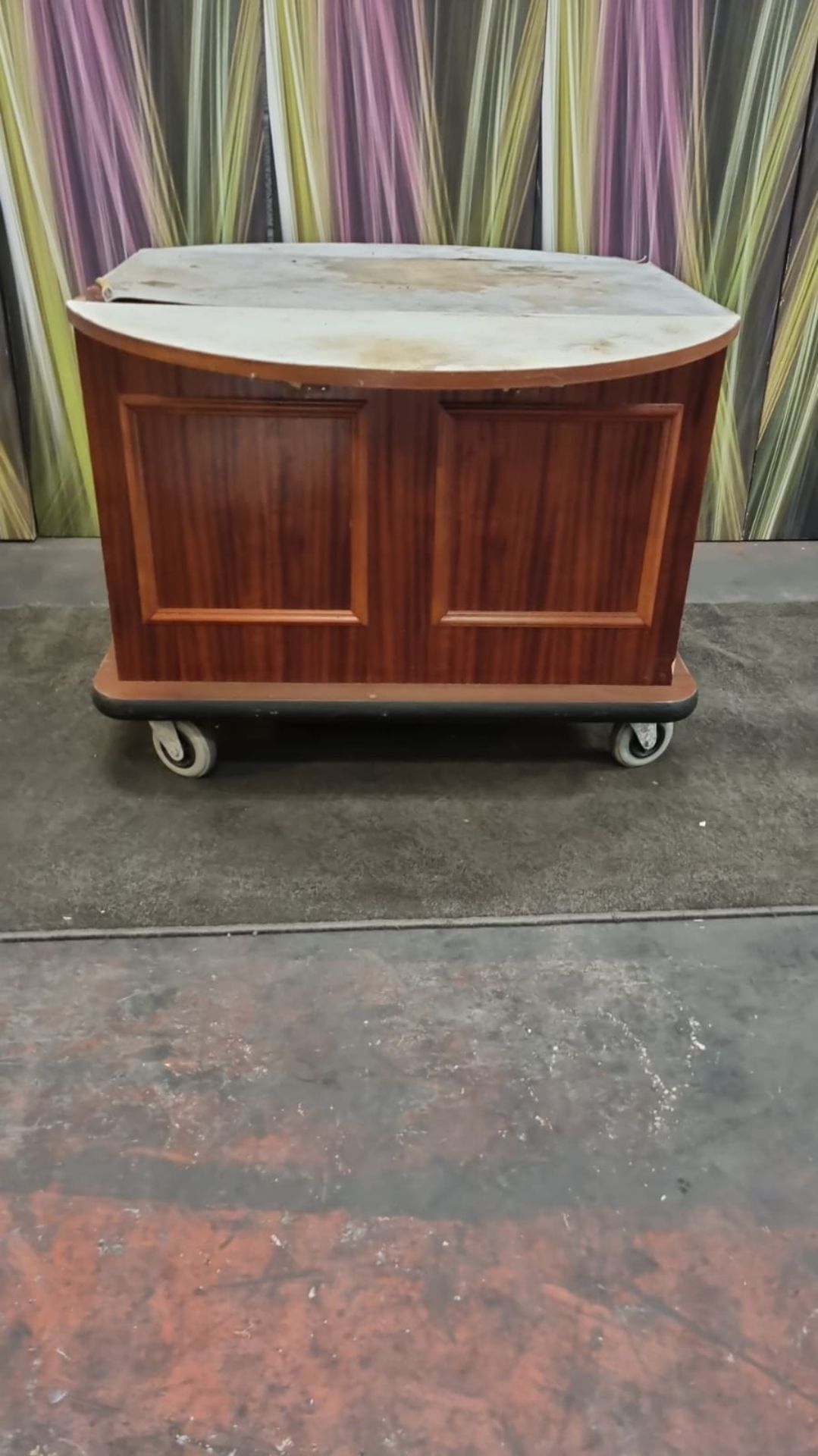 7 x mobile room service carts finished in custom wood veneer storage compartment features room for a