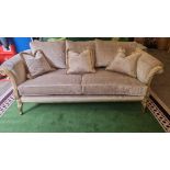 MG Designs UK upholstered 3 seater sofa newly upholstered in Taupe fabric with gilded ornate