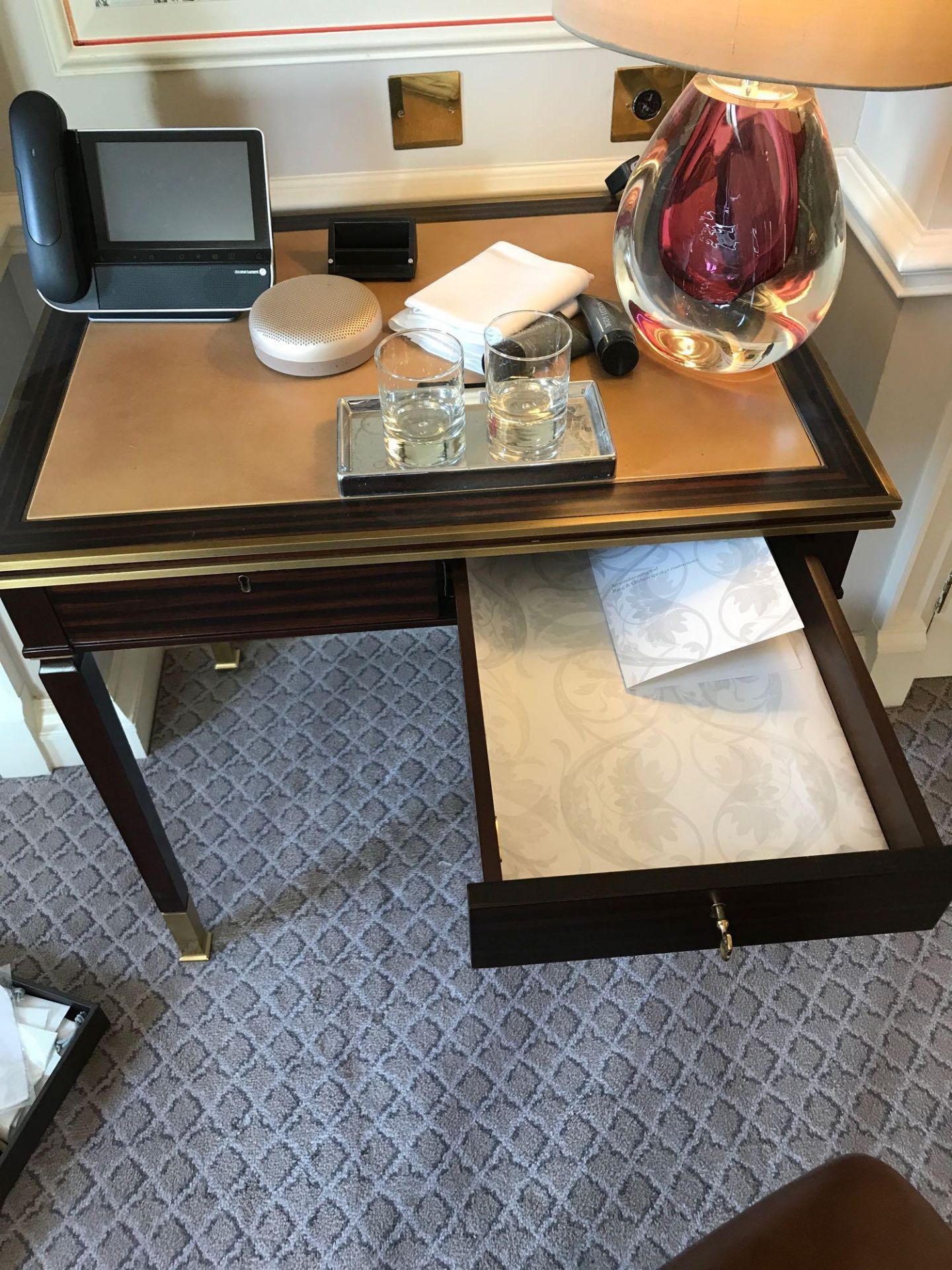 Writing Desk High Gloss Ebony Wood With Tooled Leather Inlay Single Drawer Mounted On Square - Image 2 of 2