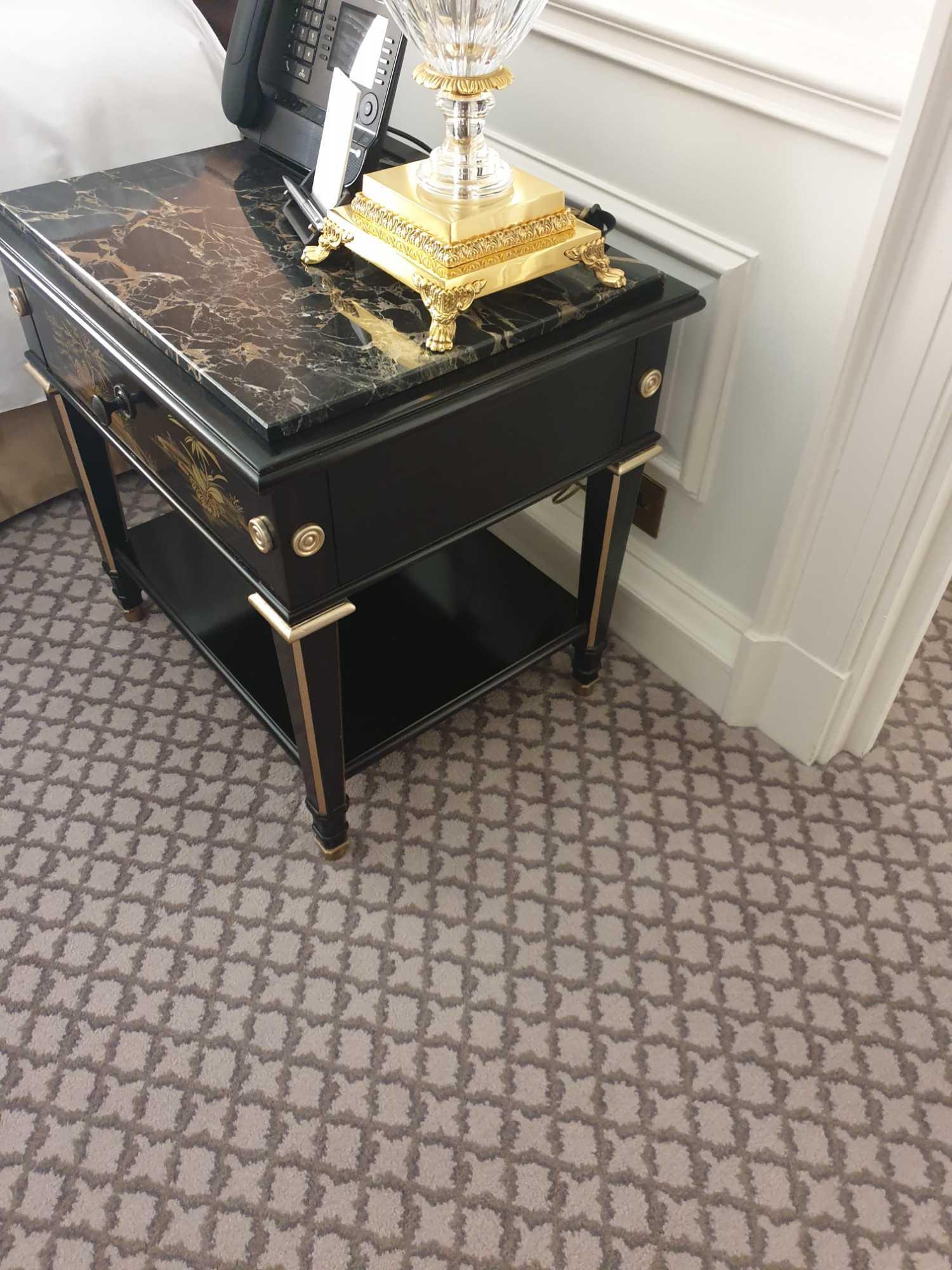 A Pair Of Marble Top Chinoiserie Black Lacquer Nightstands With Single Drawer With Hand Painted - Image 3 of 4