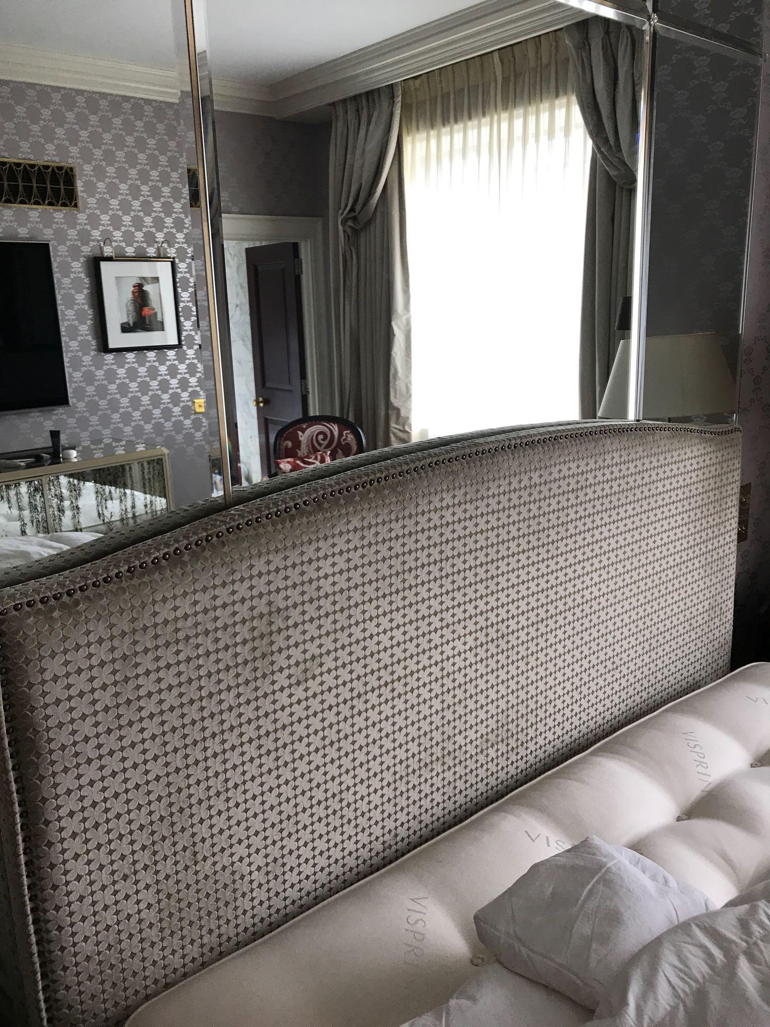 Headboard, Handcrafted With Nail Trim And Padded Textured Woven Upholstery (Room 434) - Image 2 of 2