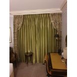 A Pair Of Silk Drapes And Jabots Green Gold Colour With Blue Floral Patterning 240 x 260cm (Room