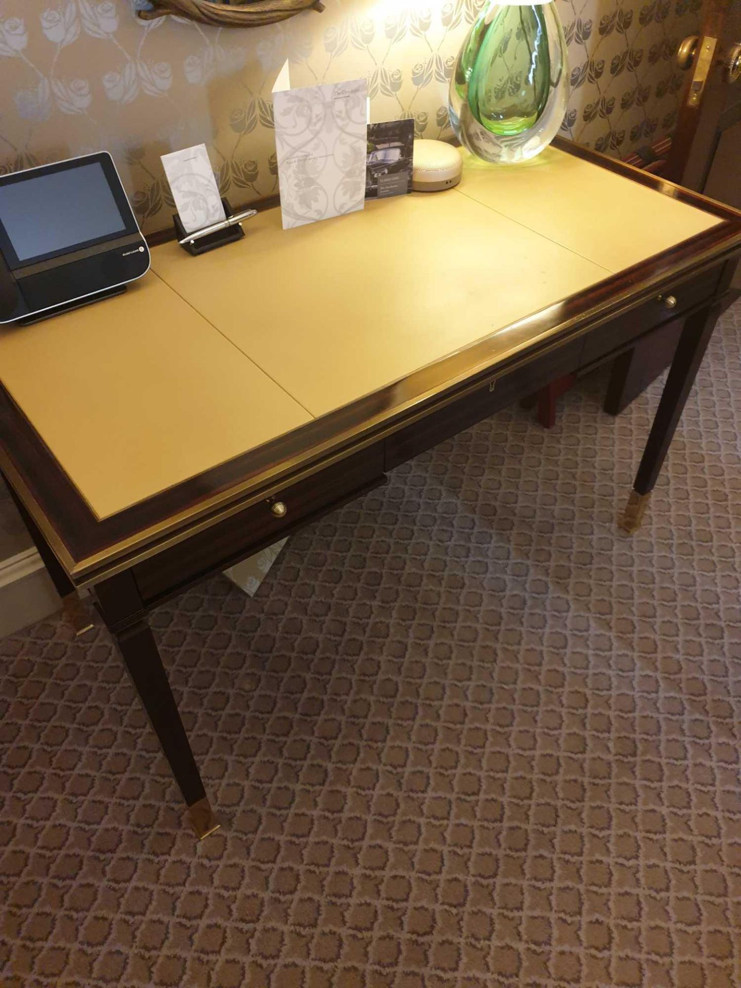 Writing Desk High Gloss Ebony Wood With Tooled Leather Inlay Faux Central Drawer Flanked By Single