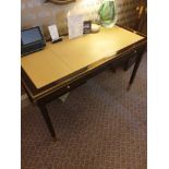 Writing Desk High Gloss Ebony Wood With Tooled Leather Inlay Faux Central Drawer Flanked By Single