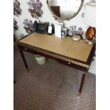 Writing Desk High Gloss Ebony Wood With Tooled Leather Inlay Faux Central Drawer Flanked By Single