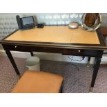 Writing Desk With Tooled Leather Inlay Faux Central Drawer Flanked By Single Drawer And Flap