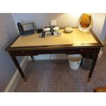 Writing Desk High Gloss Ebony Wood With Tooled Leather Inlay Faux Central Drawer Flanked By Single