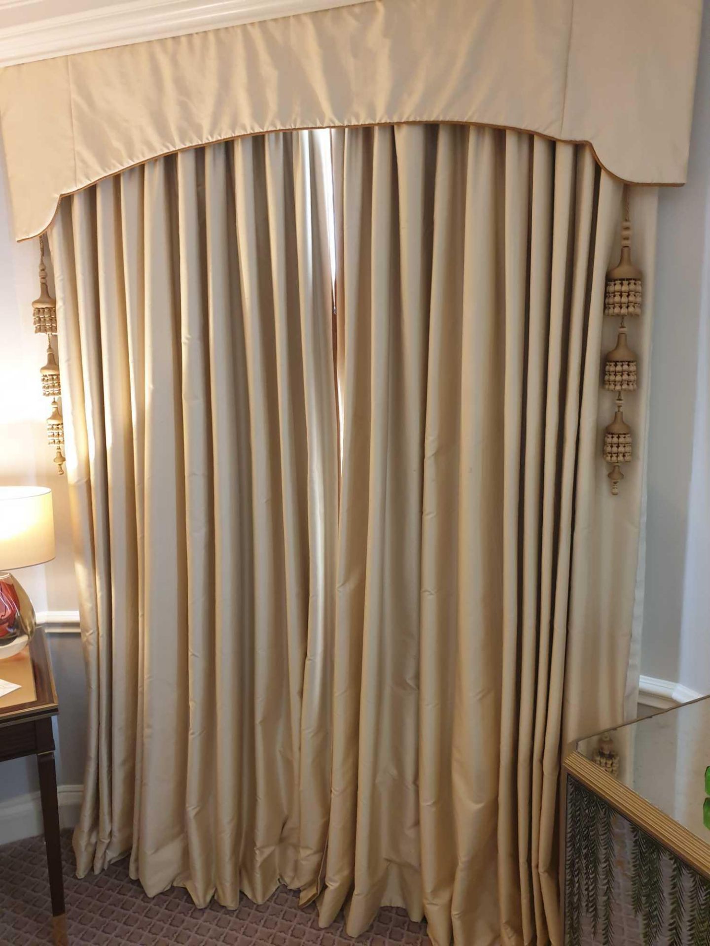 A Pair Of Silk Drapes With Pelmet Copper Trim And Cream Design Style With Oriental Tassel Span 170 x