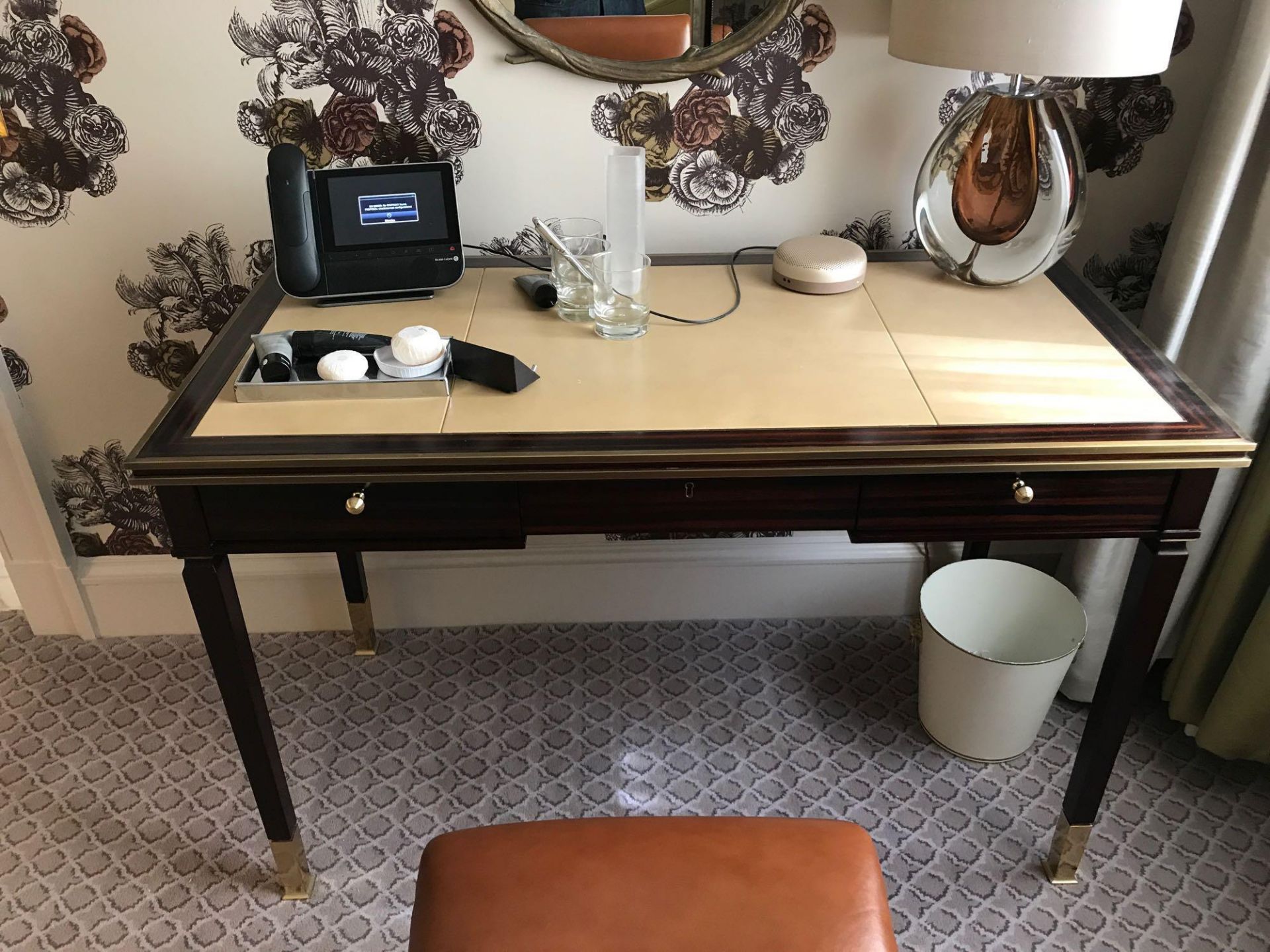 Writing Desk High Gloss Ebony Wood With Tooled Leather Inlay Faux Central Drawer Flanked By Single