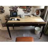 Writing Desk High Gloss Ebony Wood With Tooled Leather Inlay Faux Central Drawer Flanked By Single