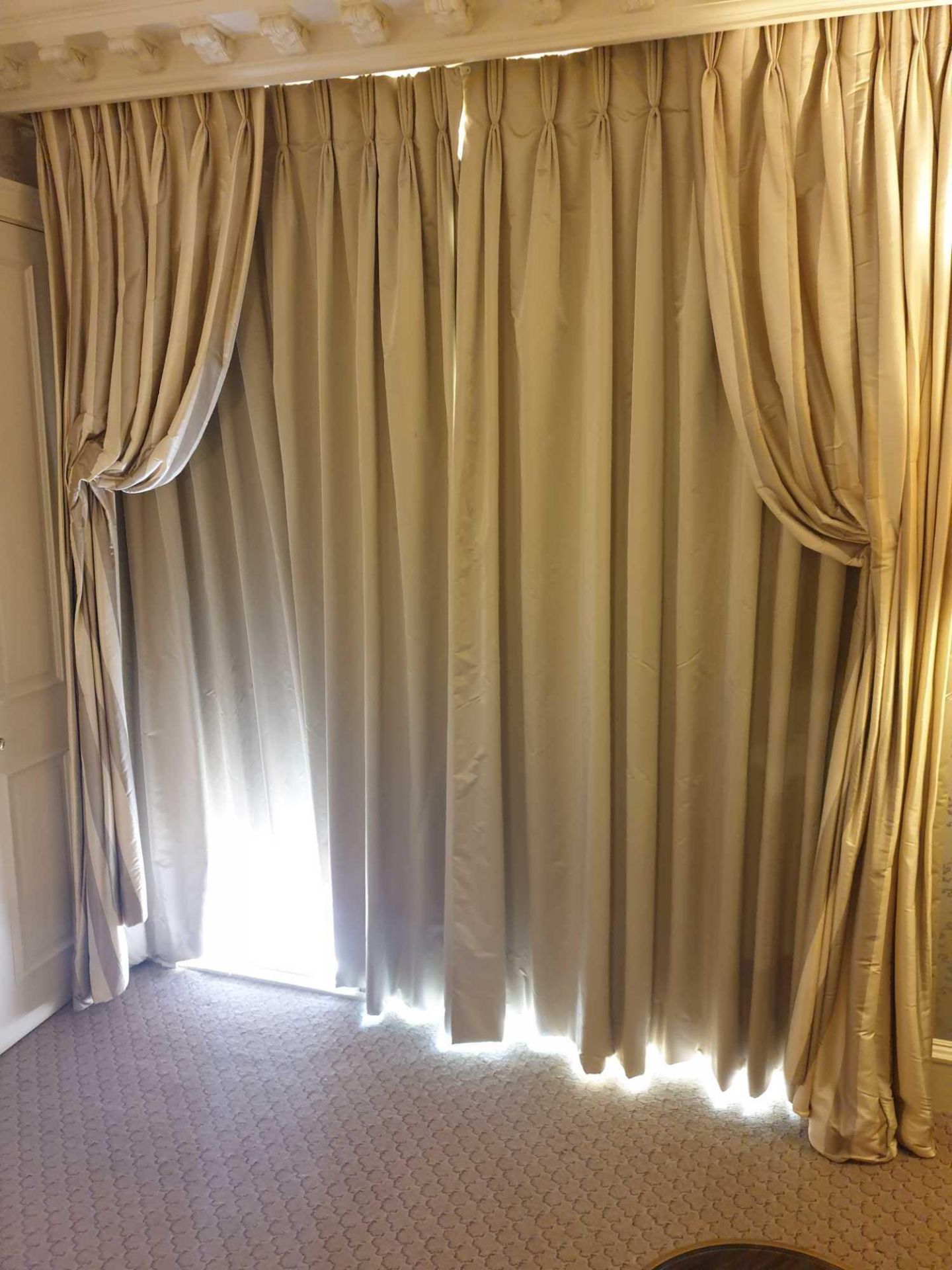 A Pair Of Silk Light Gold And Dark Gold Striped Drapes Fully Lined 220 x 245cm (Room 310 & 311)