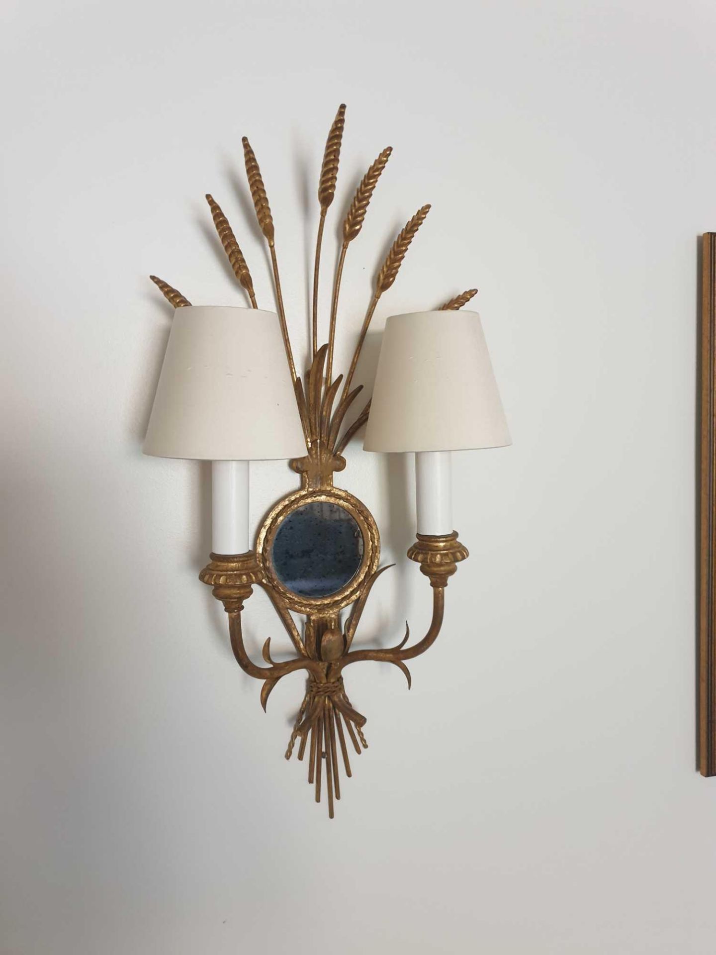 A Pair Of Wall Appliques Twin Arm In A Elegant Wheatsheaf Motif And A Small Decorative Mirror