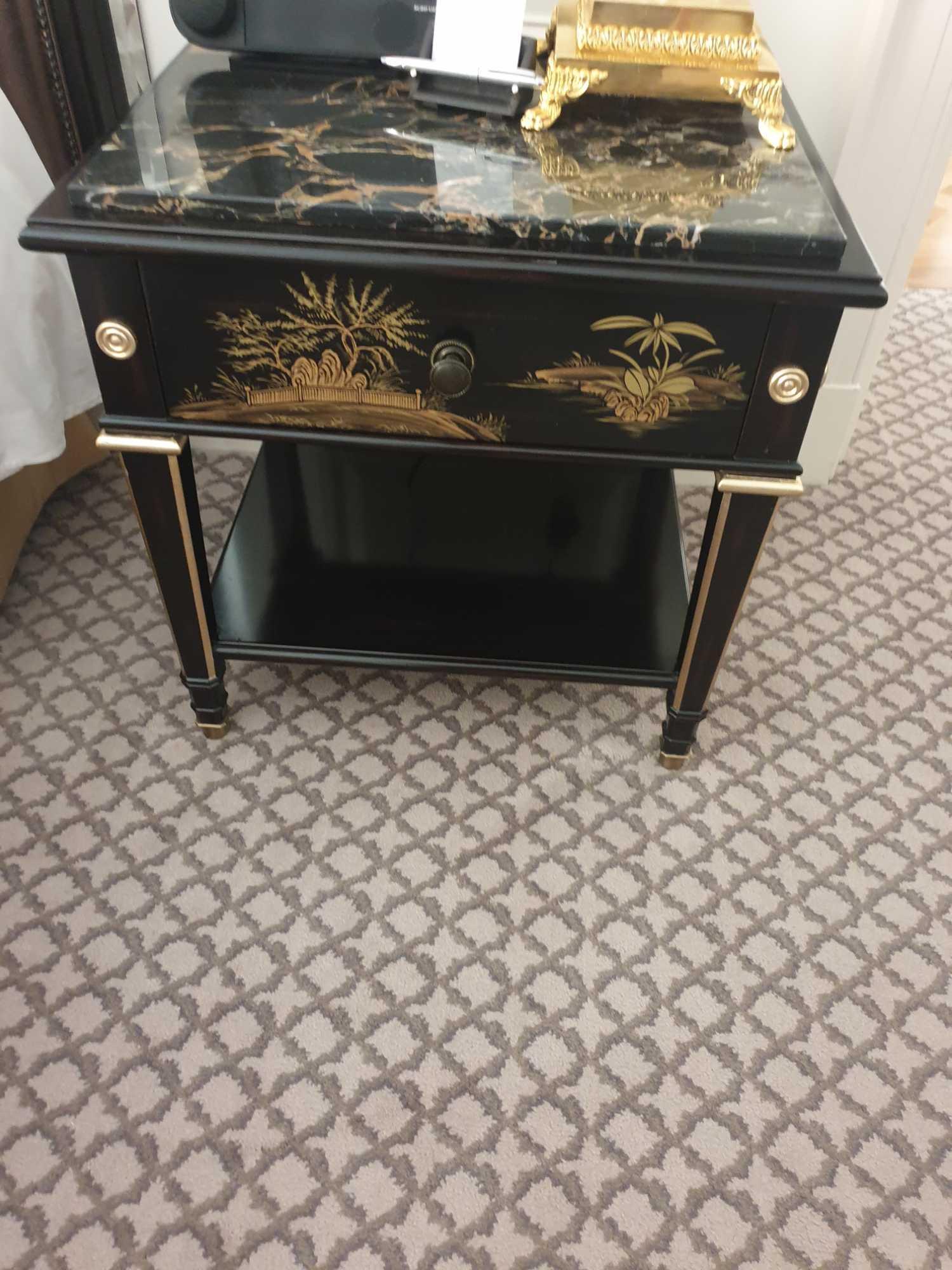 A Pair Of Marble Top Chinoiserie Black Lacquer Nightstands With Single Drawer With Hand Painted