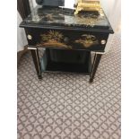 A Pair Of Marble Top Chinoiserie Black Lacquer Nightstands With Single Drawer With Hand Painted
