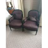 A Pair Of Bergere Chairs Black Wood Frame Upholstered In A Dark Mauve Pattern With Stud Pin Detail