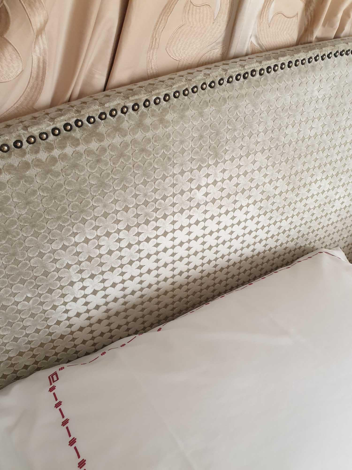 Headboard, Handcrafted With Nail Trim And Padded Textured Woven Upholstery Complete With Pelmet - Image 3 of 3