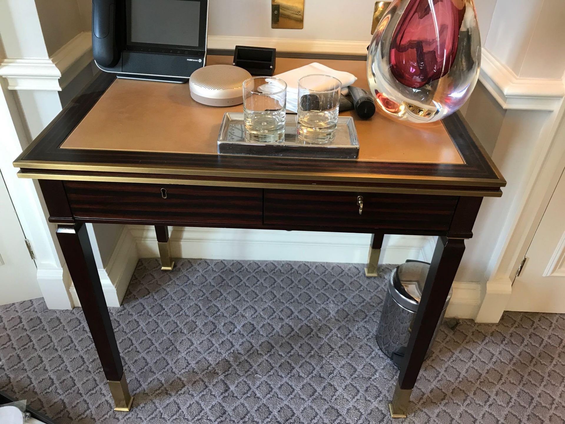 Writing Desk High Gloss Ebony Wood With Tooled Leather Inlay Single Drawer Mounted On Square