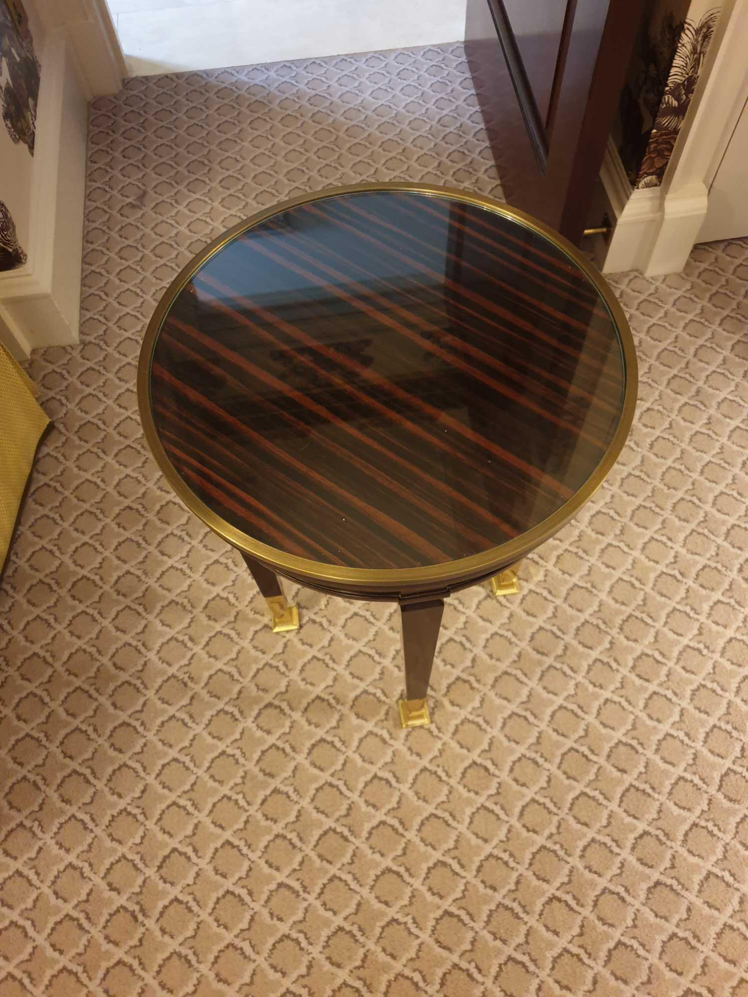 Circular Side Table With Antiqued Plate Top And Brass Trim Mounted On Tapering Legs With Brass - Image 2 of 3