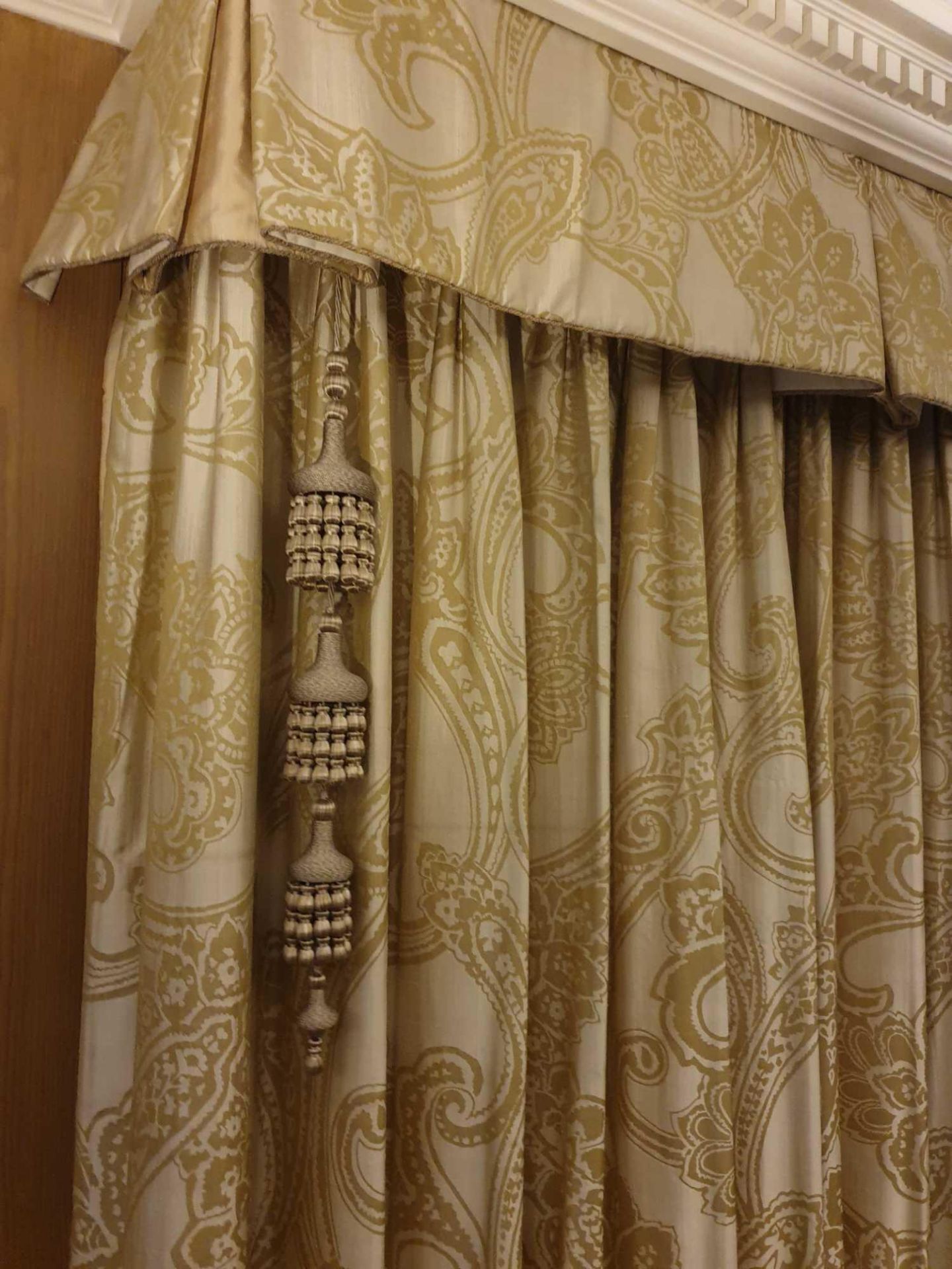 A Pair Of Silk Gold Green Drapes With Paisley Style Design Comes Complete With Pelmet And Two