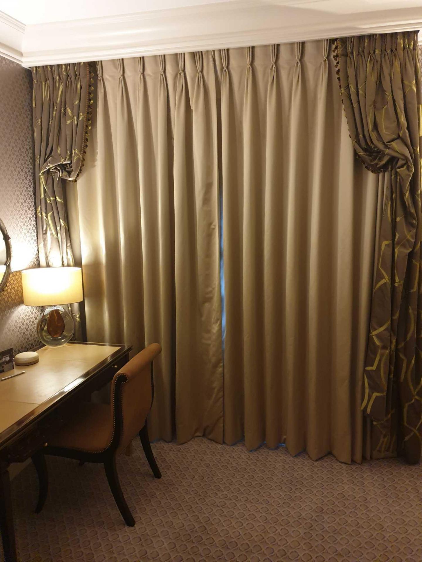 A Pair Of Silver Silk Drapes And Jabots With Tie Backs Span 230 x 260cm (Room 341)