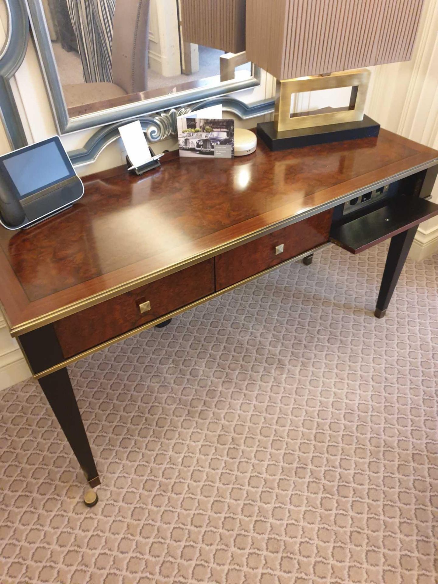 A Kingswood And Rosewood Writing Desk With Brass Trim And Marquetry Inlay Mounted On Four Tapering - Image 2 of 4