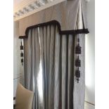 A Pair Of Silk Drapes With Pelmet In Cream And Brown With Tasselled Trim And Two Large Brown