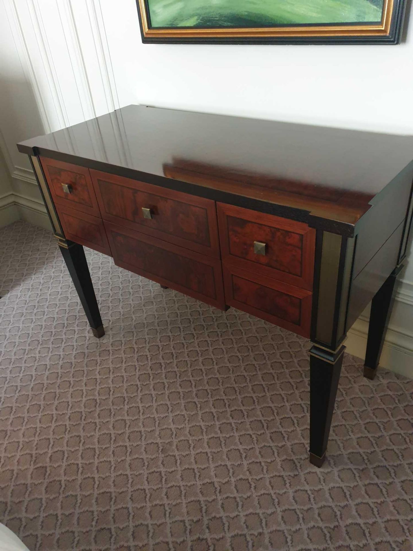 A Burr Mahogany And Gold Trim Hall Table With Two Drawers And A Faux Drawer Mounted On Tapered