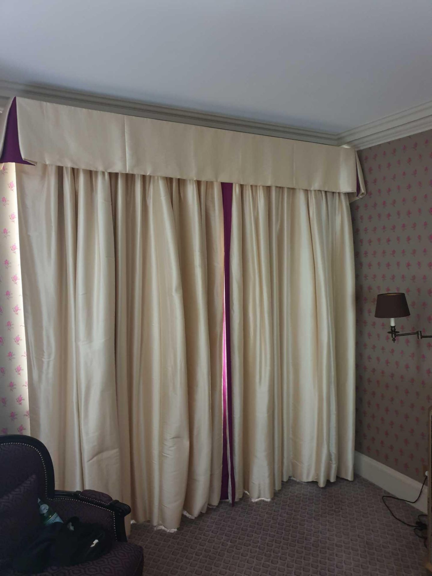 A Pair Of Cream Silk Drapes With Pelmet With Purple Trim Detail On Curtains And Purple Detail In - Image 2 of 2