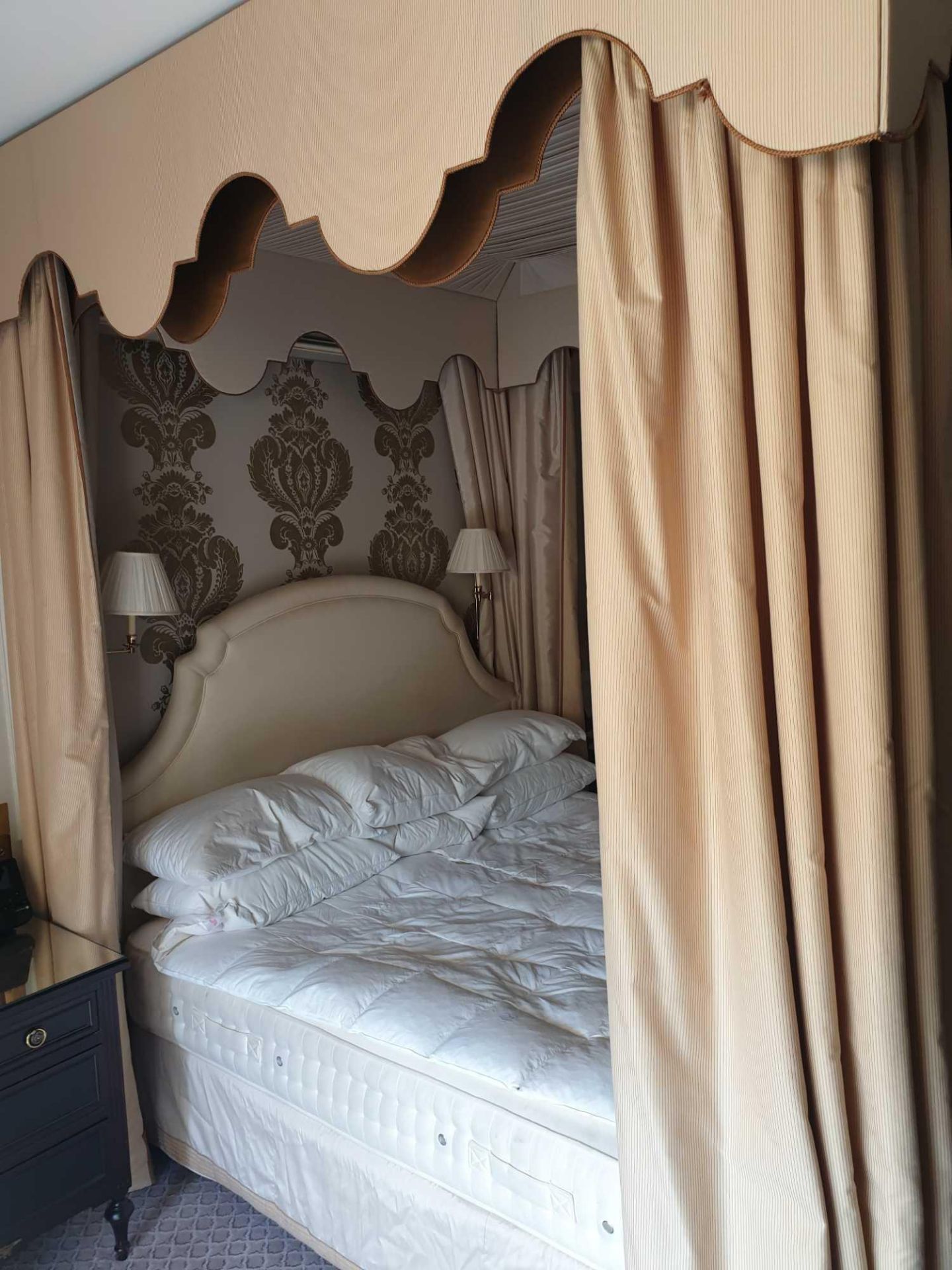 Bed Canopy Cream And Brown Floating Pelmet And Cream Headboard Silk Curtains Fully Lined Outer - Image 2 of 5