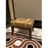 Mahogany framed padded upholstered stool in Pierre Frey damask tournelle gold and green pattern 45 x