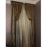 A Pair Of Silk Drapes And Jabots Brown With Green And Grey Lined Pattern With Trim 110 x 250cm (Room
