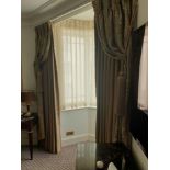 A Pair Of Gold Silk Drapes With Crystal Bead Trim And Jabots With Tie Backs Span 170 x 260cm (Room