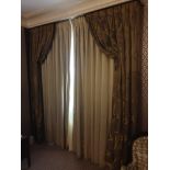 A Pair Of Silk Drapes And Jabots Brown With Green And Grey Lined Pattern With Trim 210 x 250cm (Room