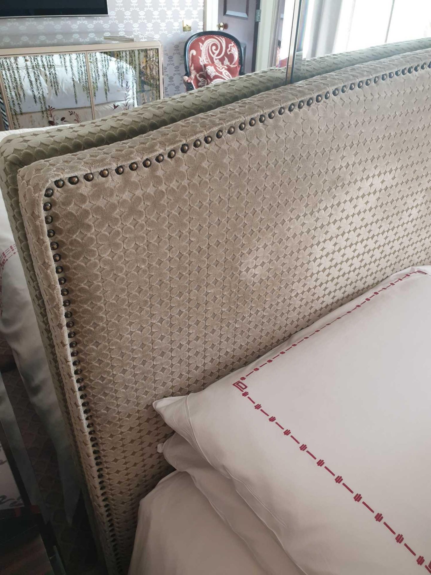 Headboard, Handcrafted With Nail Trim And Padded Textured Woven Upholstery Complete With Pelmet - Image 2 of 2