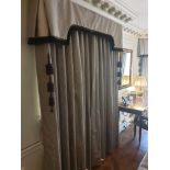 A Pair Of Silk Drapes With Pelmet In Cream And Brown With Tasselled Trim And Two Large Brown