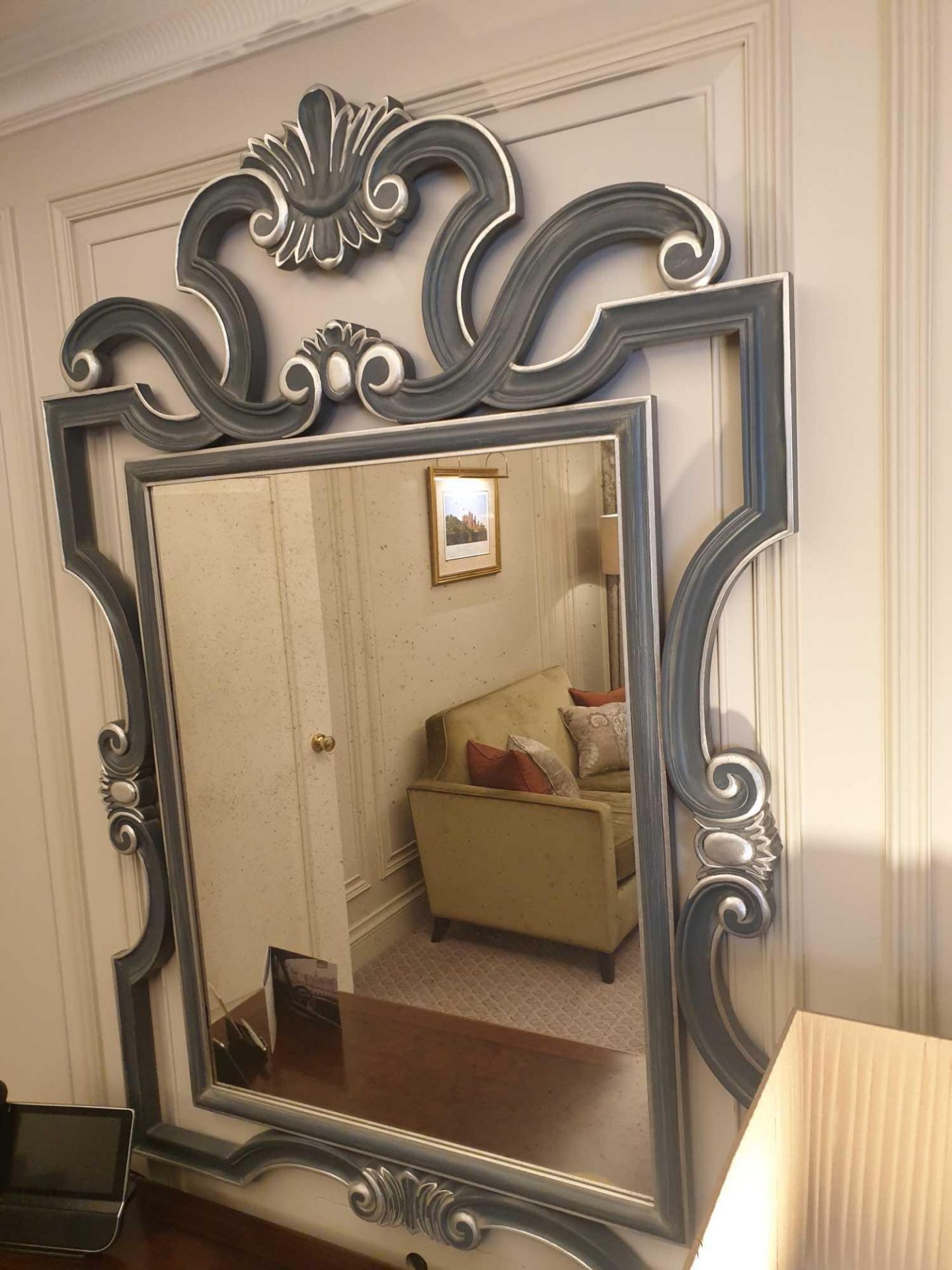 Accent Mirror Scrolled Decorated Frame Mirror In Silver Blue Frame 94 x 140cm (Room 332) (This lot - Image 2 of 3