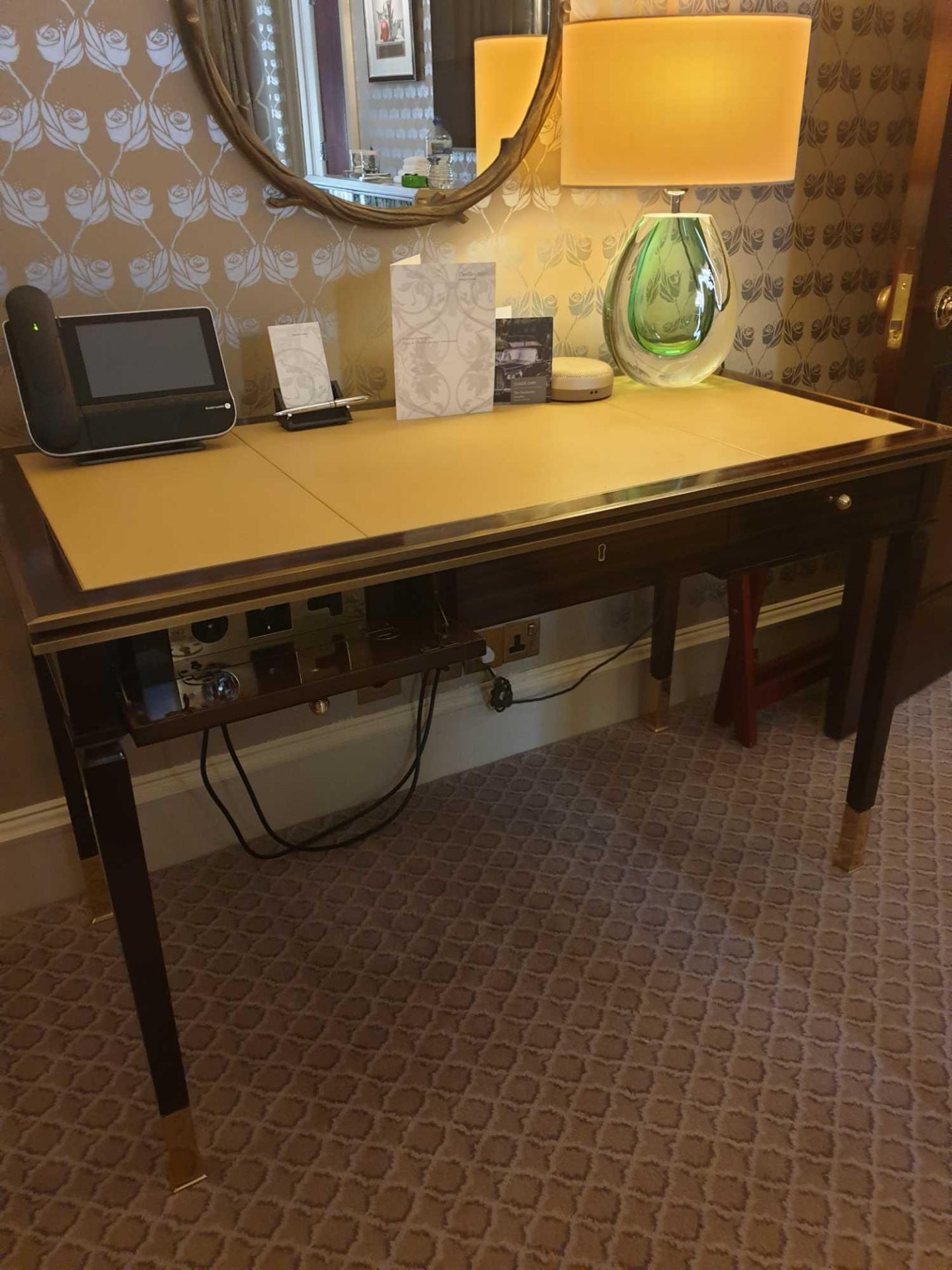 Writing Desk High Gloss Ebony Wood With Tooled Leather Inlay Faux Central Drawer Flanked By Single - Image 3 of 3