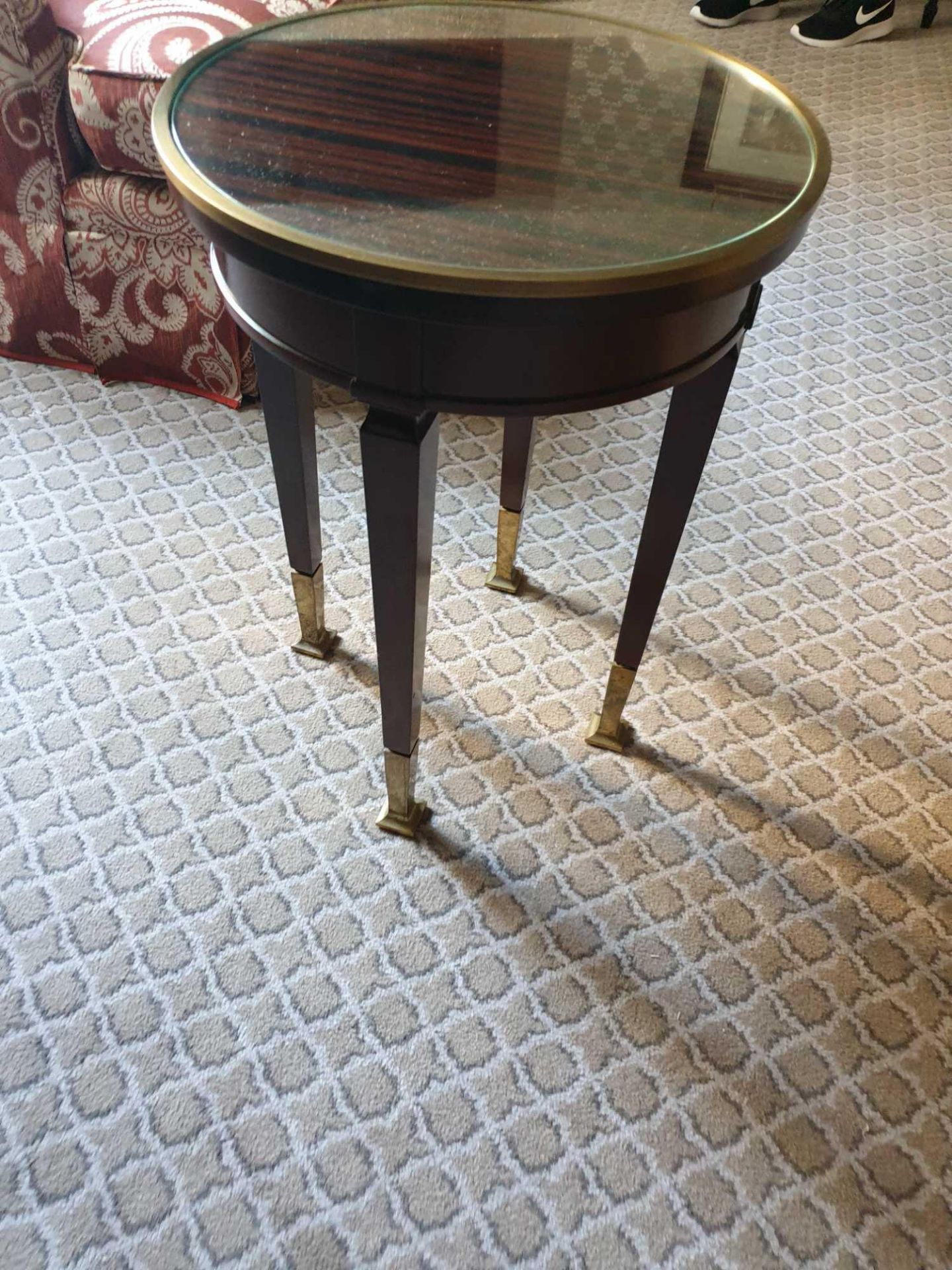 Circular Side Table With Antiqued Plate Top And Brass Trim Mounted On Tapering Legs With Brass - Image 3 of 3