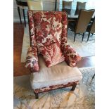 Upholstered Wingback Fireside Chair In A Damask Pink Fabric With Golden Leaf Pattern With Contrast