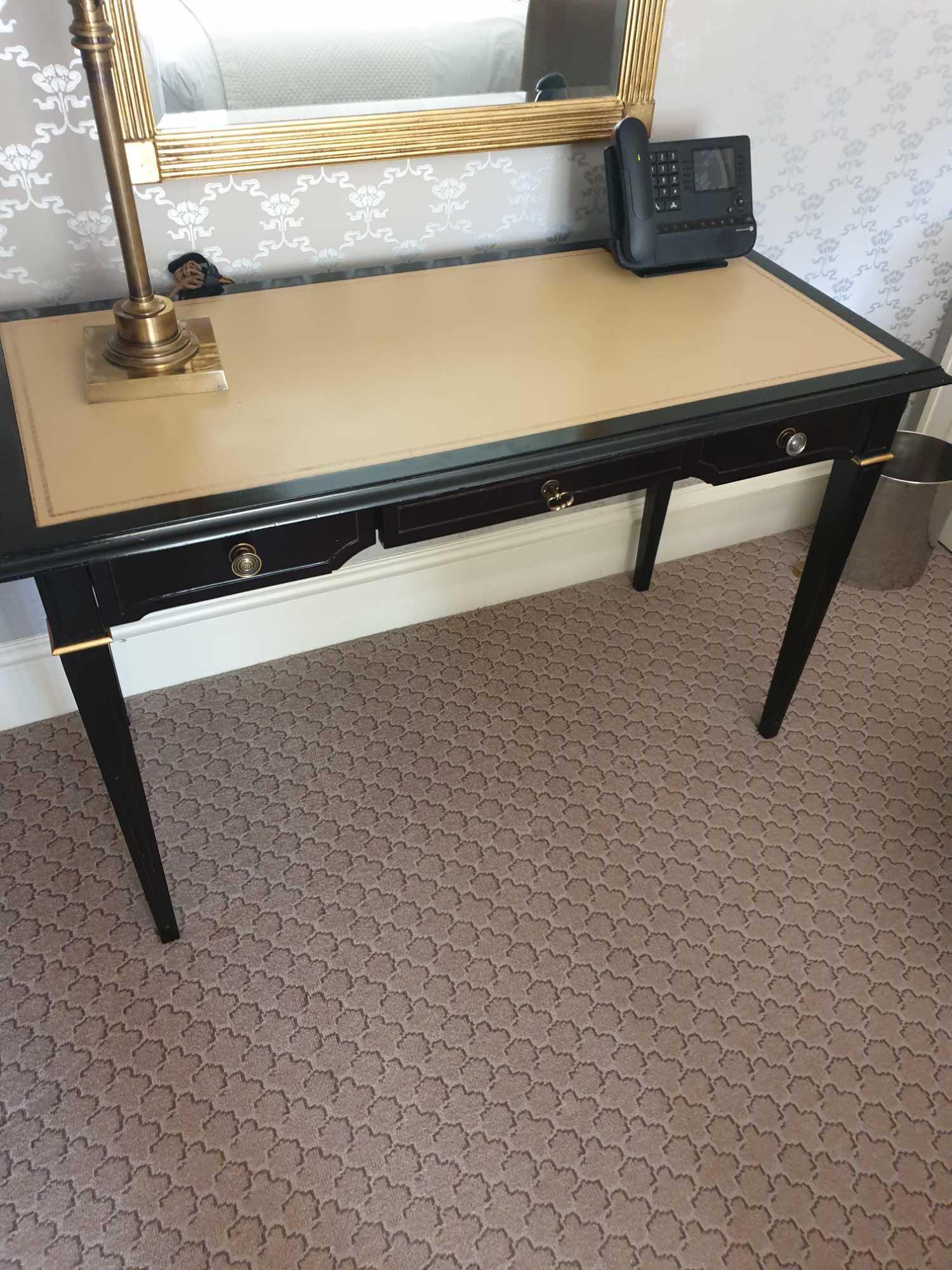 Writing Desk High Gloss Ebony Wood With Tooled Leather Inlay Faux Central Drawer Flanked By Single