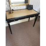Writing Desk High Gloss Ebony Wood With Tooled Leather Inlay Faux Central Drawer Flanked By Single