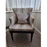 Wing Back Accent Chair In Grey Stripe Upholstery On Hardwood Dark Stain Base 55 x 50 x 94cm (Room