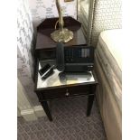 A Pair Of Two Tier Bedside Nightstands With Antiqued Plate Top With Storage Compartments Mounted