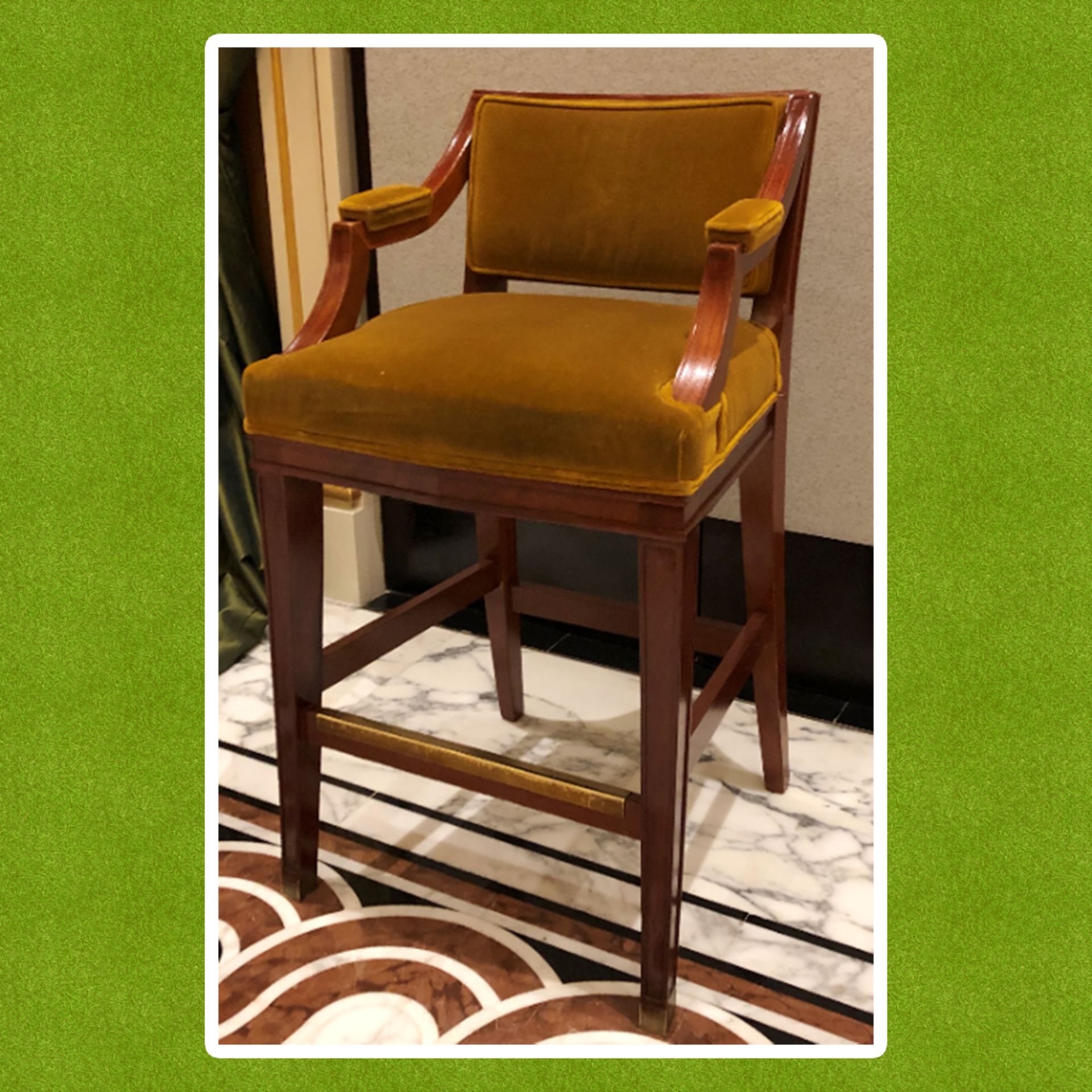 Neoclassic style mahogany tall bar stool, with a aged gold upholstered padded back and seat part - Image 3 of 4