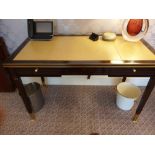 Writing Desk High Gloss Ebony Wood With Tooled Leather Inlay Faux Central Drawer Flanked By Single