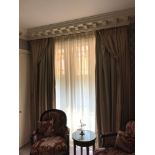 A Pair Of Gold Silk Drapes And Jabots With Tie Backs Span 255 x 280cm (Room 410)