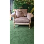 MG Designs UK upholstered armchair newly upholstered in Taupe fabric with gilded ornate carved frame