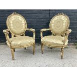 A pair of 19thC. French Louis XVI style giltwood armchairs 19thC. Beautifully Carved Frames and
