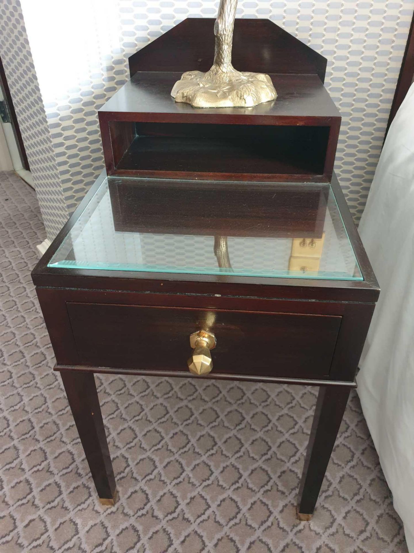 A Pair Of Two Tier Bedside Nightstands With Antiqued Plate Top With Storage Compartments Mounted - Image 2 of 3