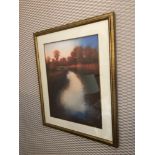 Framed Lithograph Landscape River Scene 72 x 87 (Room 422)